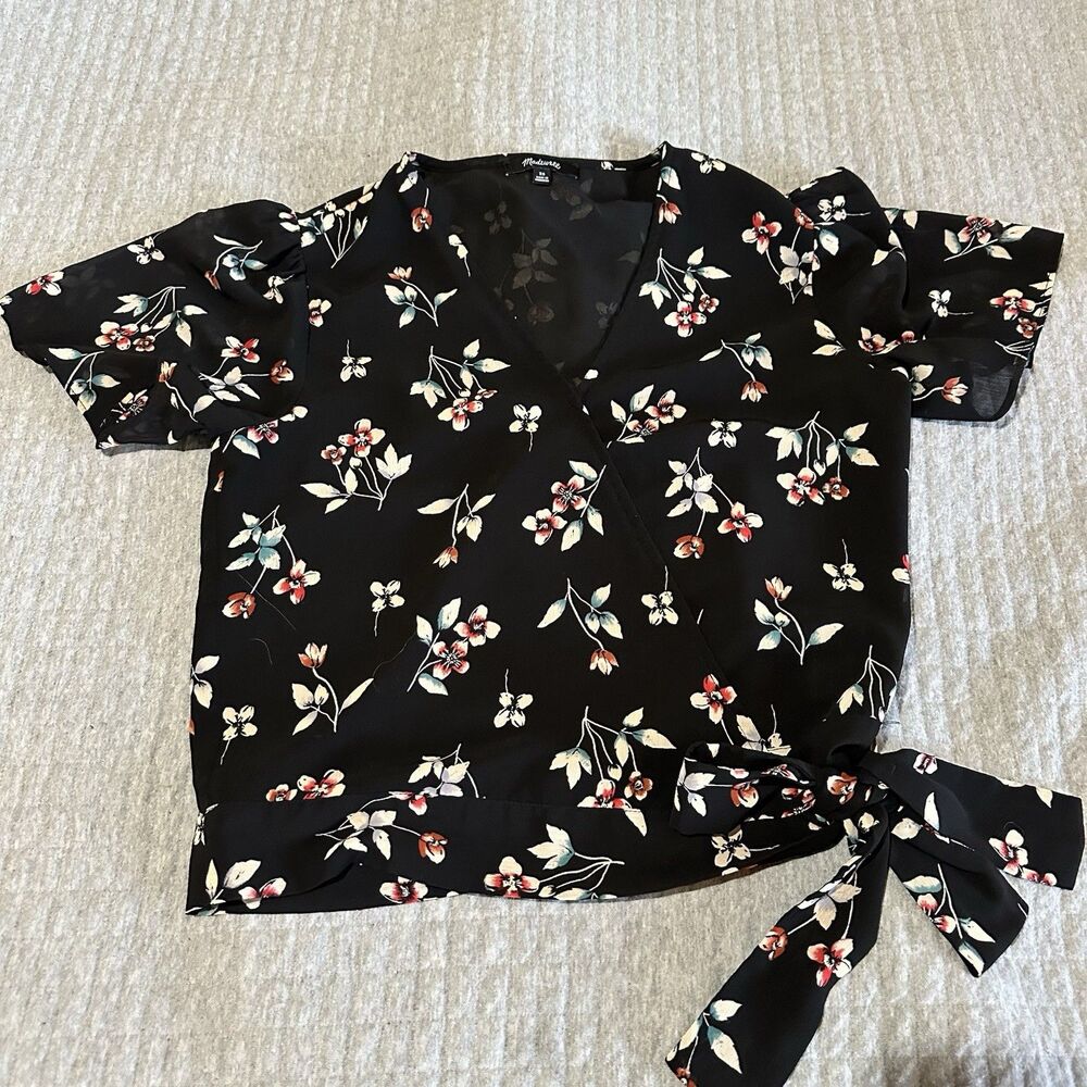Madewell Cropped Boho Floral Tie Wrap Blouse XS Flutter Sleeve Sheer Black - Picture 7 of 10